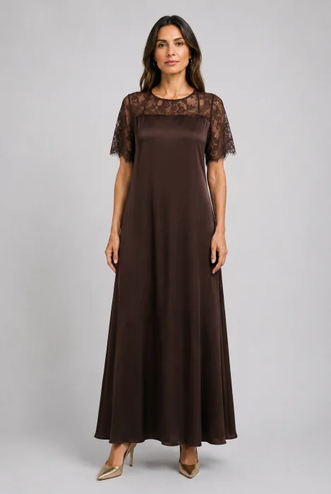 Rochie maxi A-line din satin matase si vascoza, insertii din dantela si croi fluid, maro