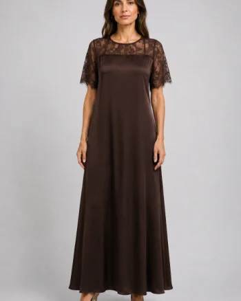 Rochie maxi A-line din satin matase si vascoza, insertii din dantela si croi fluid, maro