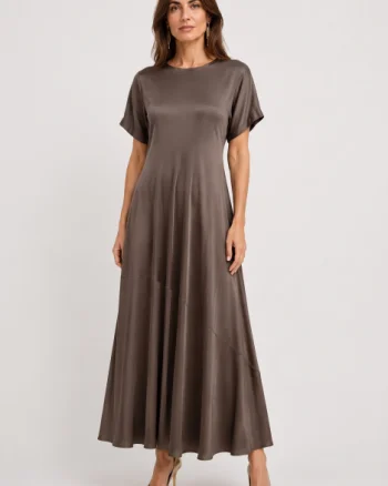 Rochie lunga din satin cu matase si vascoza, croi amplu si design fluid, gri