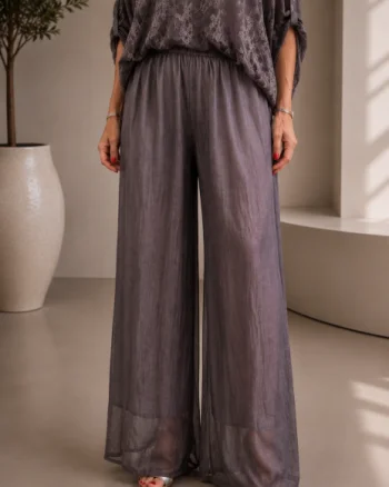 Pantaloni dama eleganti, largi, din matase si vascoza cu dublura, maro usor prespalata