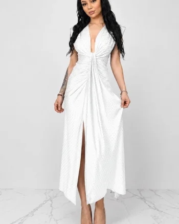 Rochie lunga cu cristale JHOSY si decolteu adanc, ALB, Marime S/M
