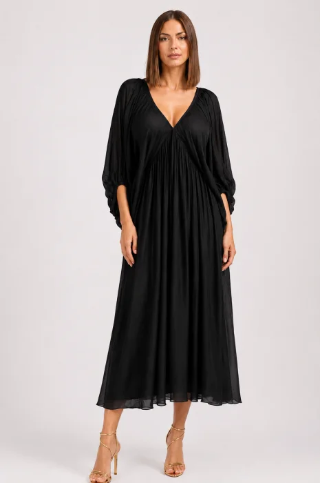 Rochie lunga din matase si vascoza, cu maneci ample si decolteu adanc, neagra