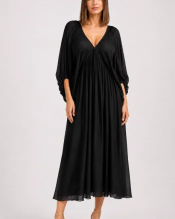 Rochie lunga din matase si vascoza, cu maneci ample si decolteu adanc, neagra