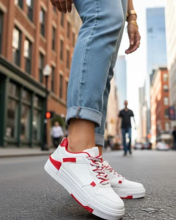 Adidasi dama casual albi cu rosu  8002  T3-3