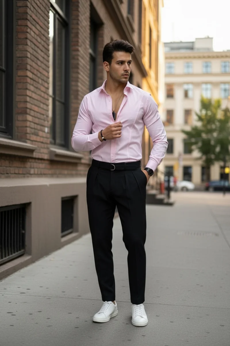 Camasa barbati slim fit roz B8182