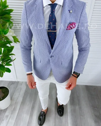 Sacou barbati slim fit cu imprimeu albastru B4235 9-4