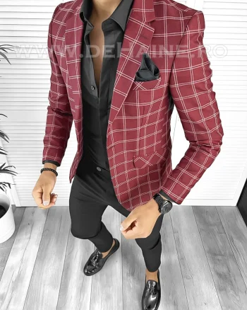 Sacou barbati slim fit grena in carouri B8332 29-4.1 E 46-1.2 ~