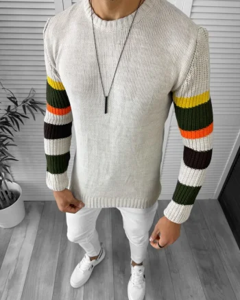 Pulover barbati gros slim fit bej T3588 103-4 U2 1
