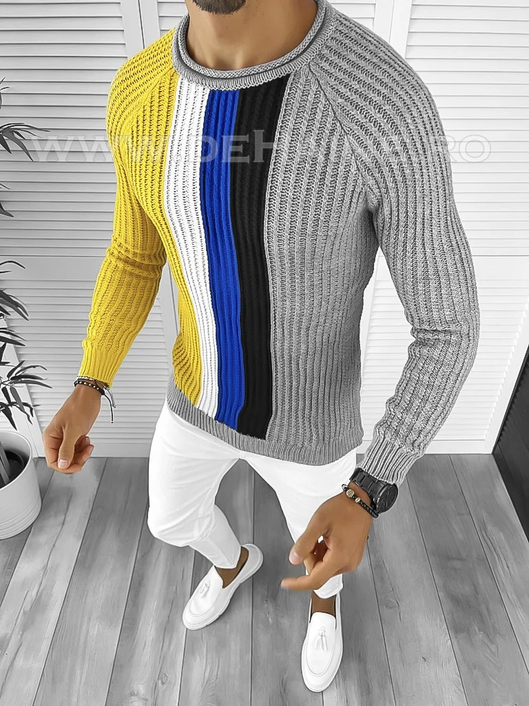 Pulover barbati gros slim fit gri deschis T3578 114-1   U7-2