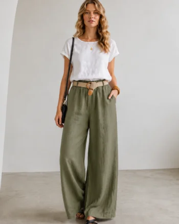 Pantaloni dama lejeri din in, cu talie elastica si curea, kaki