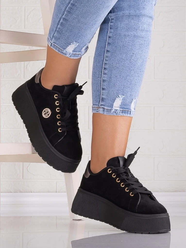 Sneakers dama cu platforma Negri din Piele Ecologica Intoarsa Masega