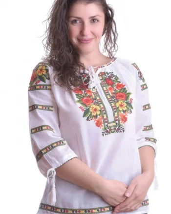 Ie traditionala alba cu motiv floral multicolor Dalia 01