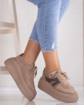Sneakers dama cu platforma Khaki din Piele Ecologica Intoarsa Nevasa