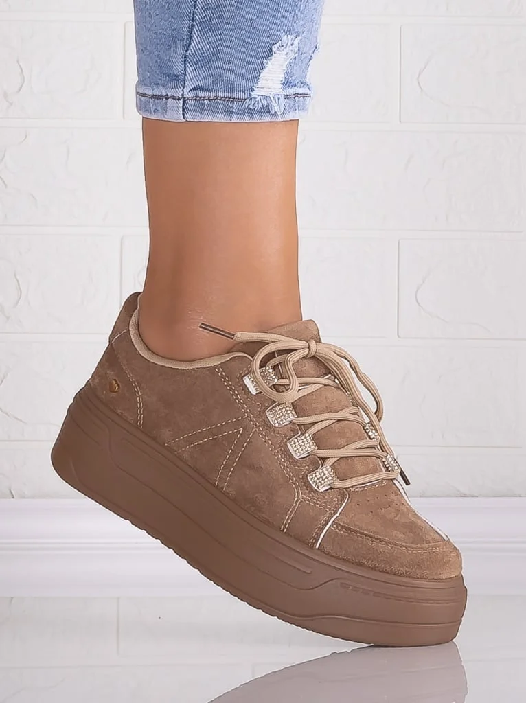 Sneakers dama cu platforma Khaki din Piele Ecologica Intoarsa Davena