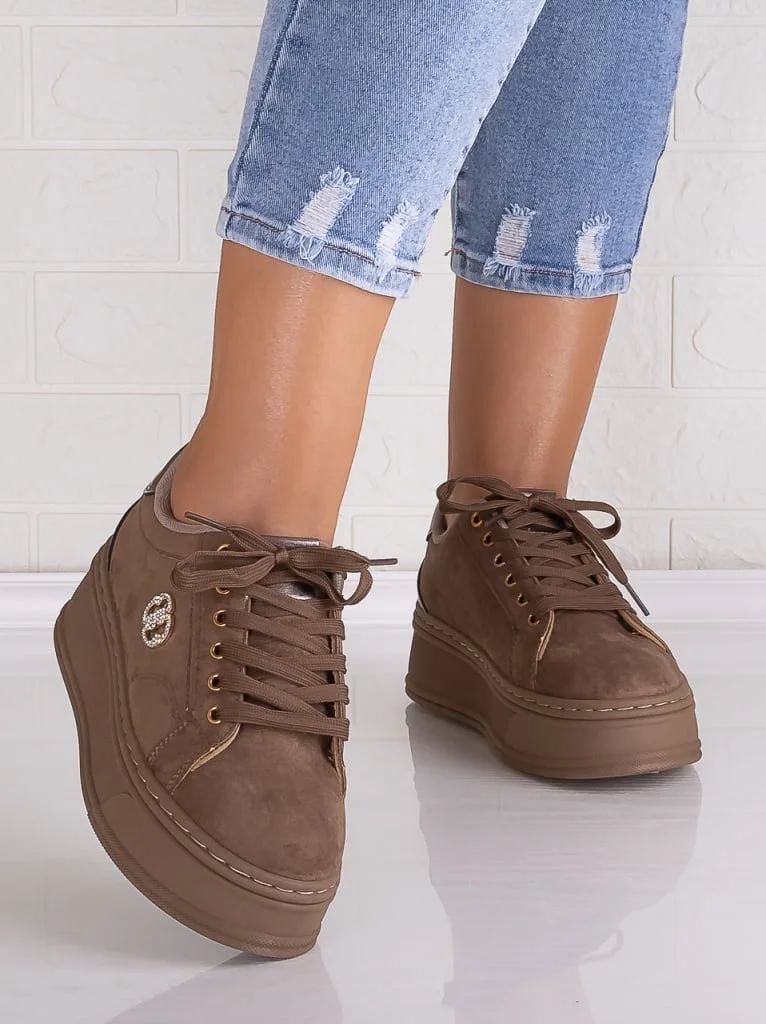 Sneakers dama cu platforma Khaki din Piele Ecologica Intoarsa Zenda