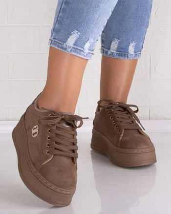 Sneakers dama cu platforma Khaki din Piele Ecologica Intoarsa Zenda