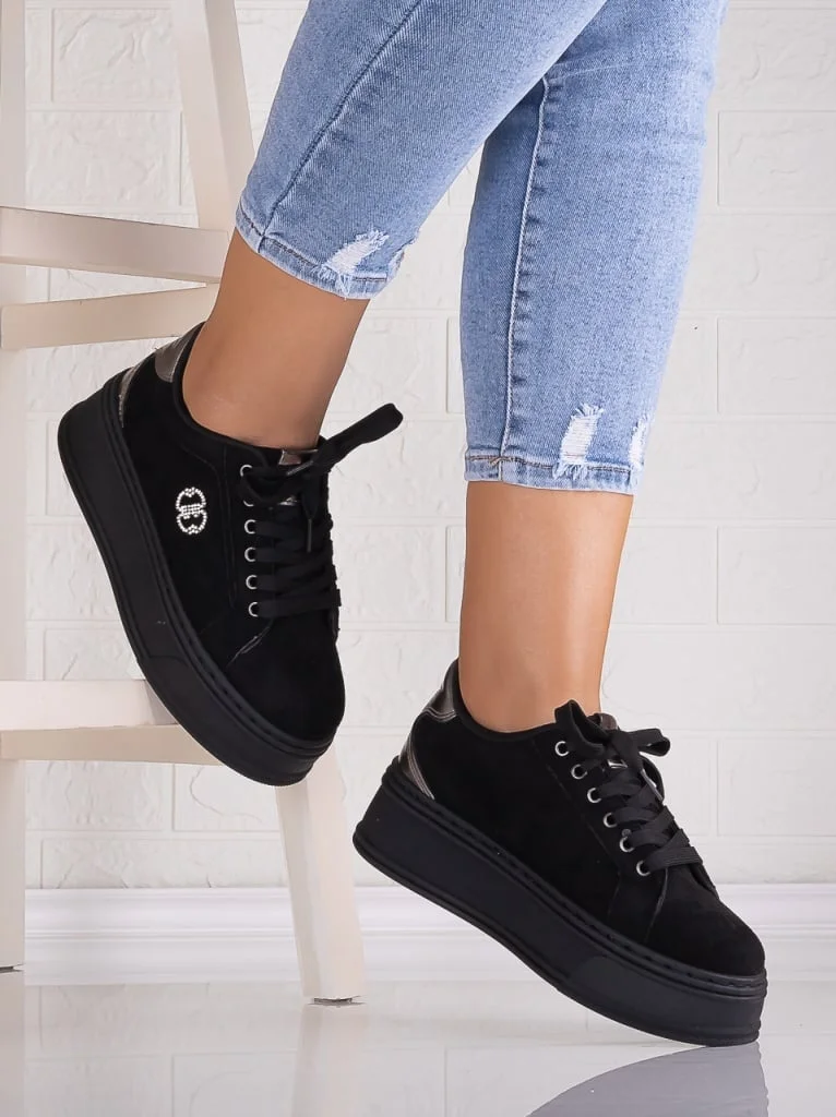 Sneakers dama cu platforma Negri din Piele Ecologica Intoarsa Zenda