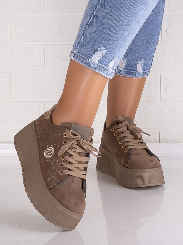 Sneakers dama cu platforma Khaki din Piele Ecologica Intoarsa Masega