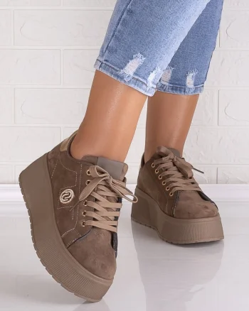 Sneakers dama cu platforma Khaki din Piele Ecologica Intoarsa Masega
