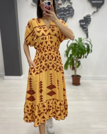 Rochie midi din bumbac, cu elastic in talie si imprimeu ciocolatiu pe fond galben