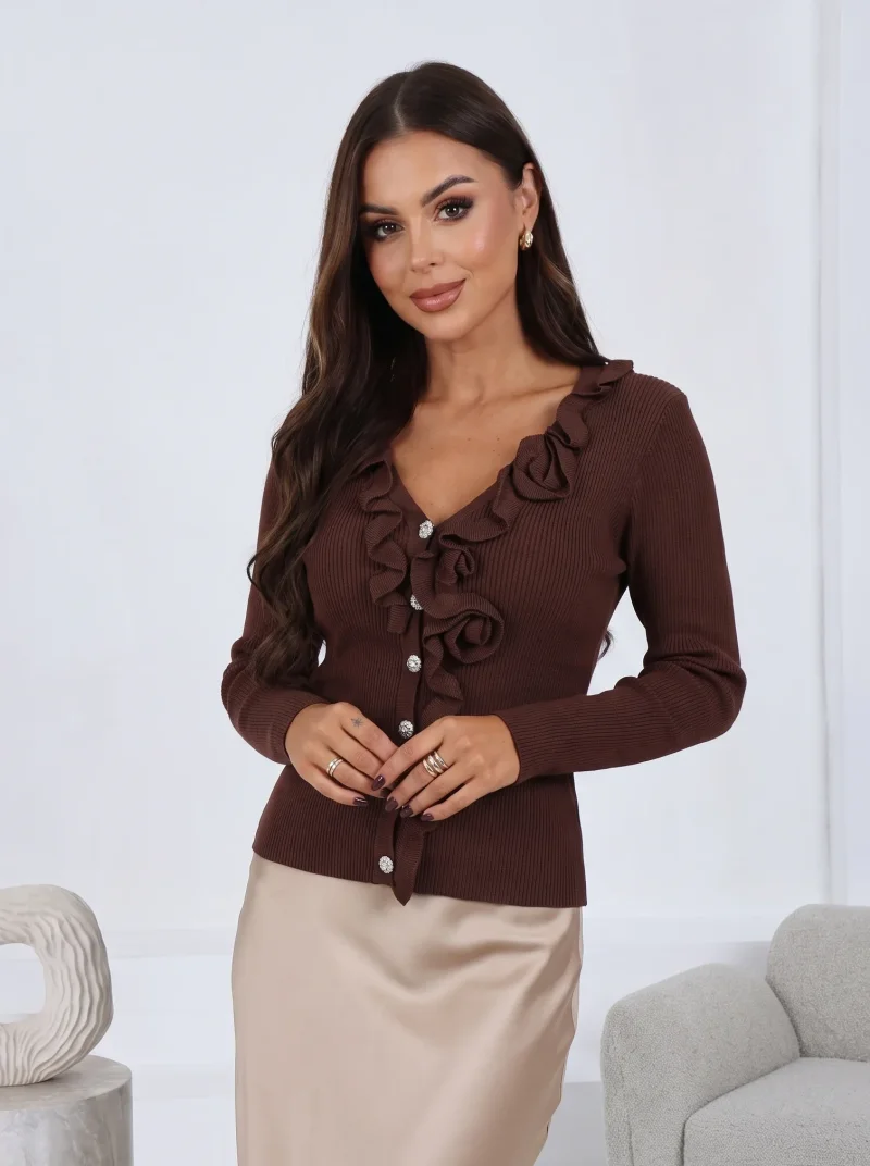 Cardigan din tricot striat cu vo...