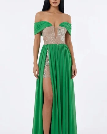 Rochie lungă verde cu flori din dantelă