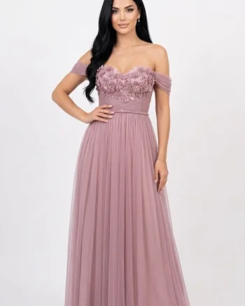 Rochie lunga roz pudră decorată cu flori 3D