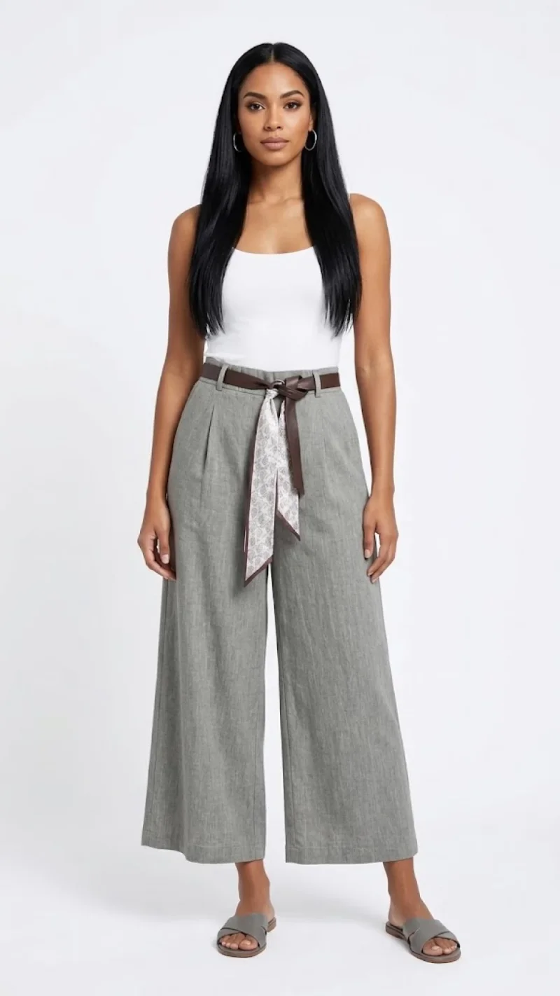 Pantalon de dama gri cu o curea esarfa