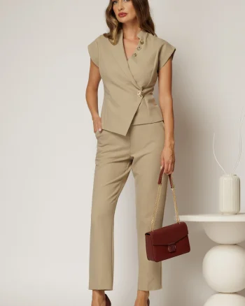 Compleu DY Fashion office bej cu vesta si pantaloni