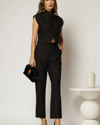 Compleu DY Fashion negru cu pantaloni si vesta cu nasturi asimetrici