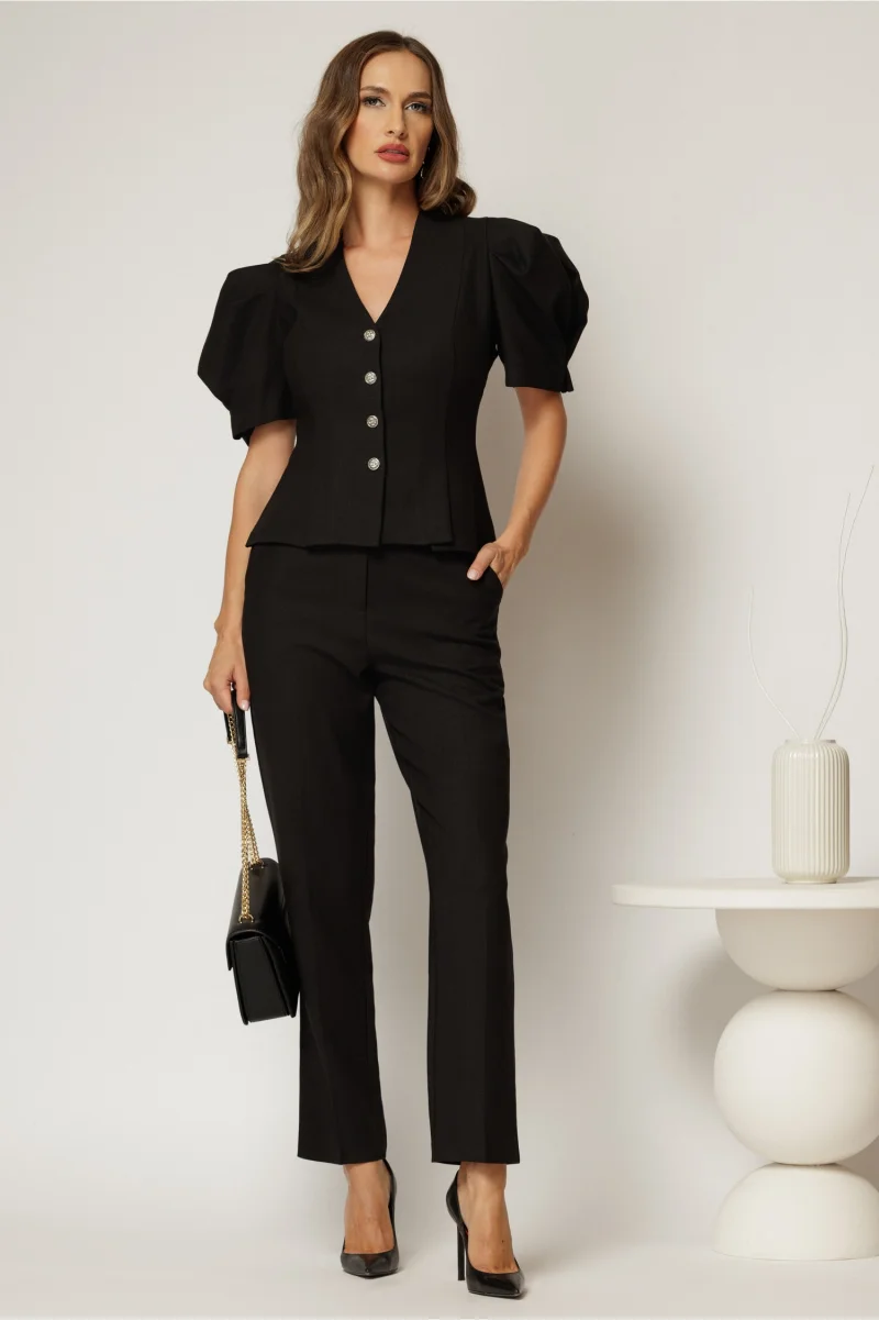 Compleu DY Fashion negru din sacou cambrat cu maneci bufante si pantalon