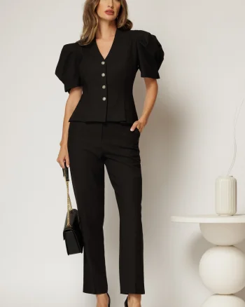 Compleu DY Fashion negru din sacou cambrat cu maneci bufante si pantalon