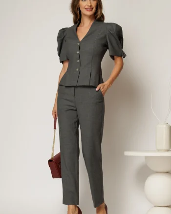 Compleu DY Fashion gri din sacou cambrat cu maneci bufante si pantalon