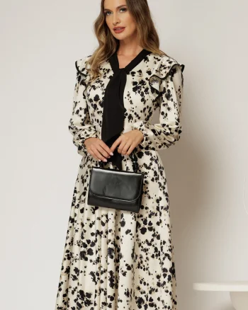 Rochie midi ivoire cu imprimeuri bej negru si guler tip esarfa