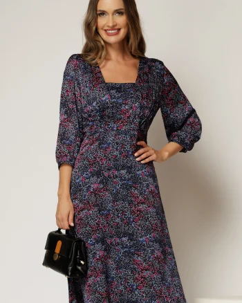 Rochie midi neagra de zi din voal cu imprimeuri fucsia bleu