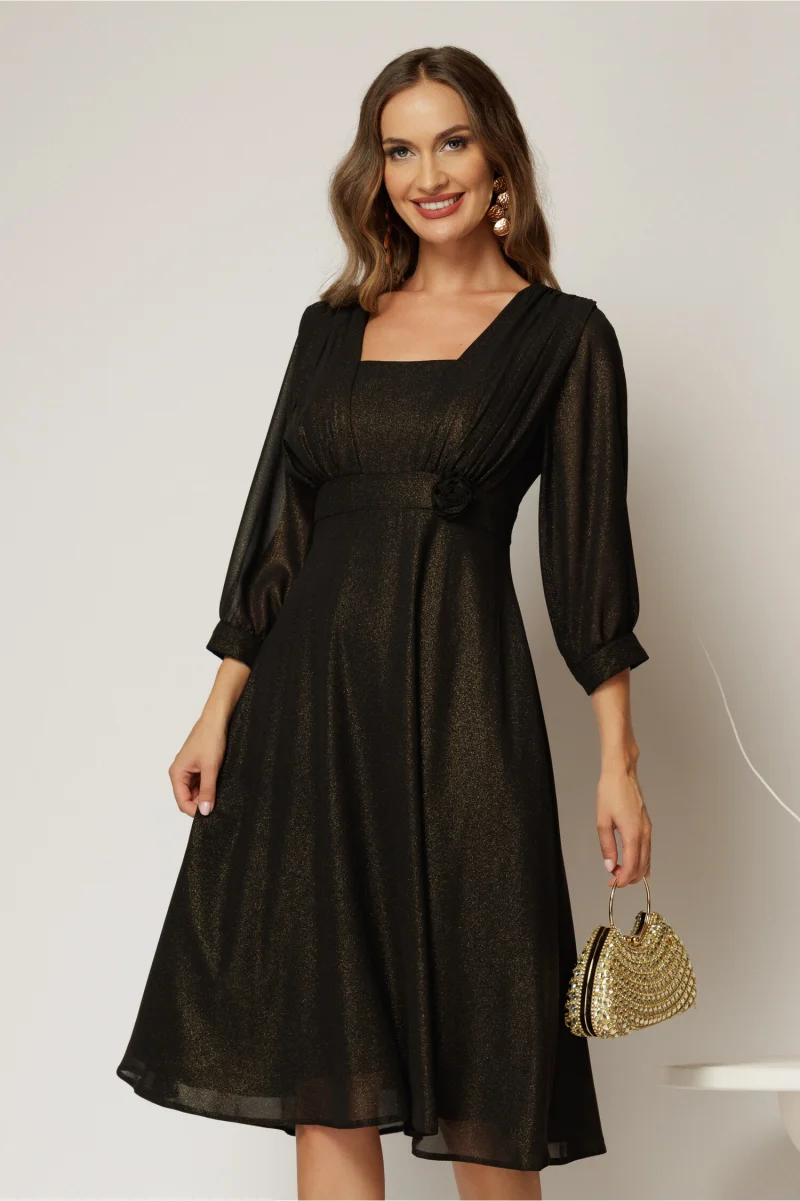 Rochie midi neagra de ocazie din voal cu pelicula
