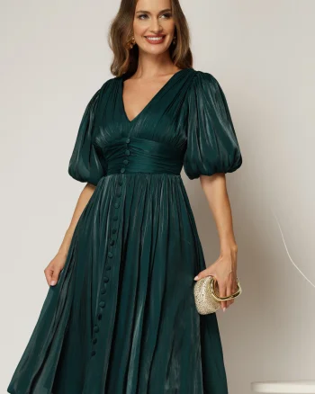 Rochie DY Fashion turcoaz cu decolteu adanc si nasturi din voal peliculizat