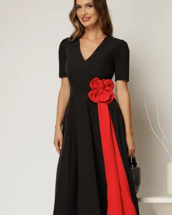Rochie DY Fashion midi neagra de ocazie cu floare rosie in talie