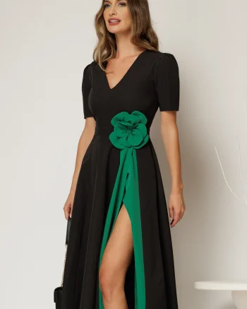 Rochie DY Fashion midi neagra de ocazie cu floare verde in talie