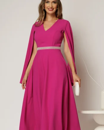 Rochie DY Fashion midi fucsia cu maneci lungi crapate si aplicatii in talie