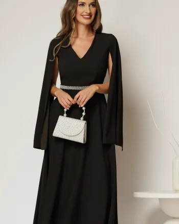 Rochie DY Fashion midi neagra cu maneci lungi crapate si aplicatii in talie