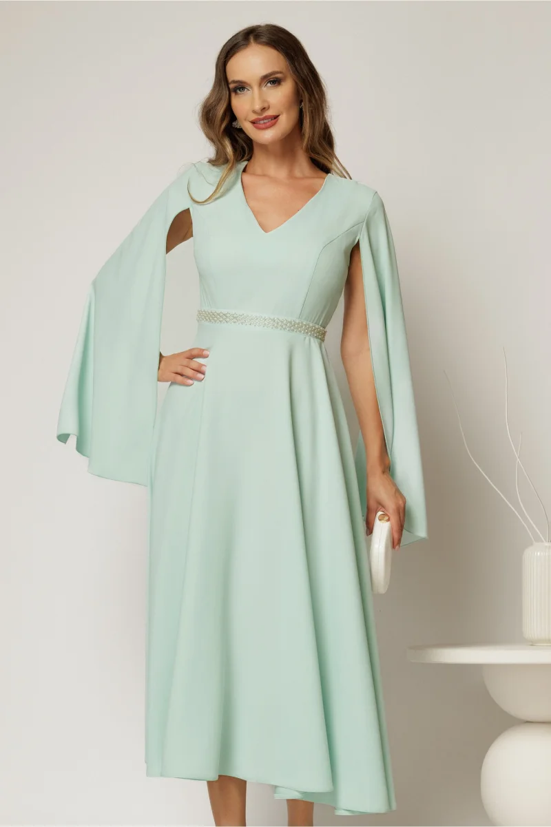 Rochie DY Fashion midi bleu cu maneci lungi crapate si aplicatii in talie