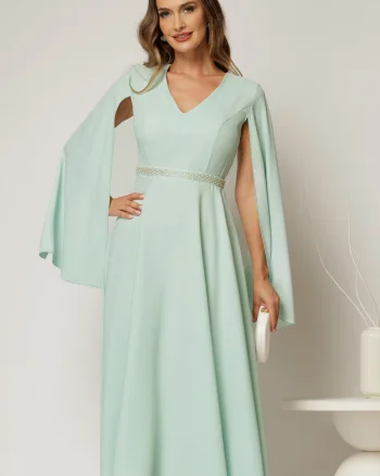 Rochie DY Fashion midi bleu cu maneci lungi crapate si aplicatii in talie