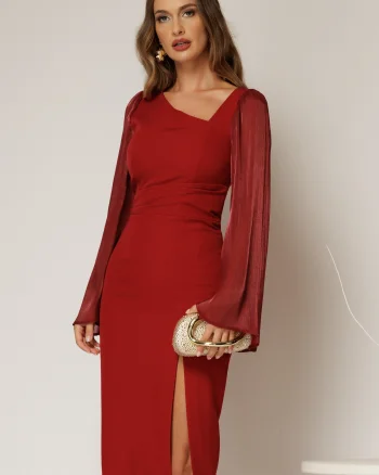 Rochie DY Fashion midi bordo cu maneci din voal ample si decolteu asimetric