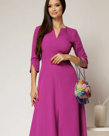 Rochie midi magenta de zi cu decolteu V si croi clos