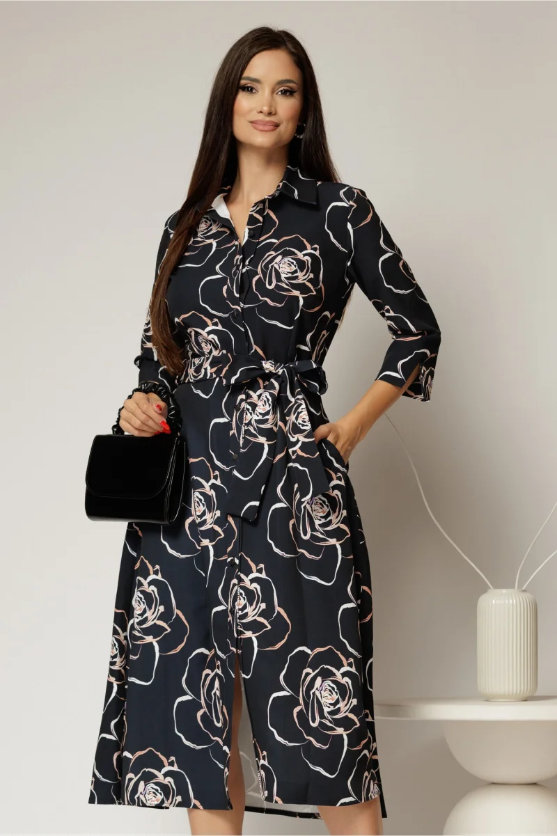 Rochie de zi midi neagra cu imprimeuri bej tip camasa cu cordon in talie