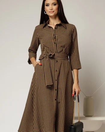Rochie de zi midi in carouri negre si maro tip camasa cu cordon in talie