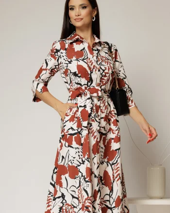 Rochie de zi midi ivoar cu imprimeuri maro tip camasa cu cordon in talie