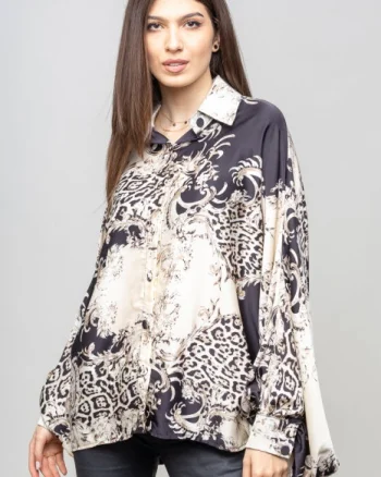 Camasa din satin oversize, cu maneci bufante si imprimeu floral bej-negru