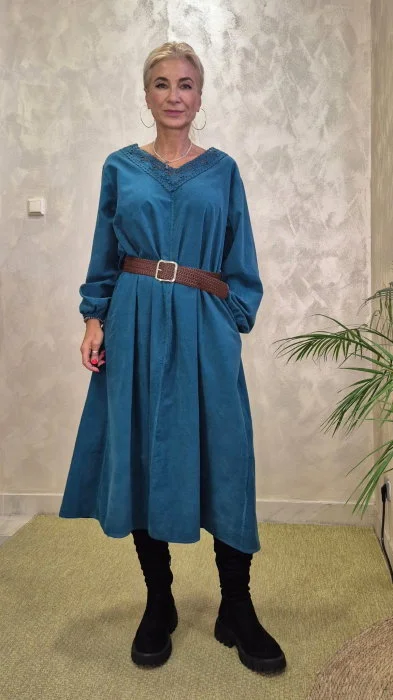 Rochie midi din catifea reiata de bumbac cu dantela si curea, turcoaz